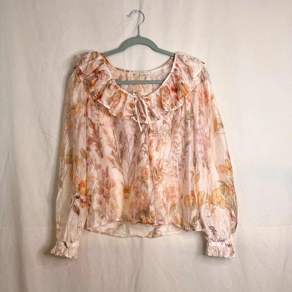 Floral Ruffle Tie Neck Sheer Peasant Blouse Peach Tan Fairycore Lucky & Coco S